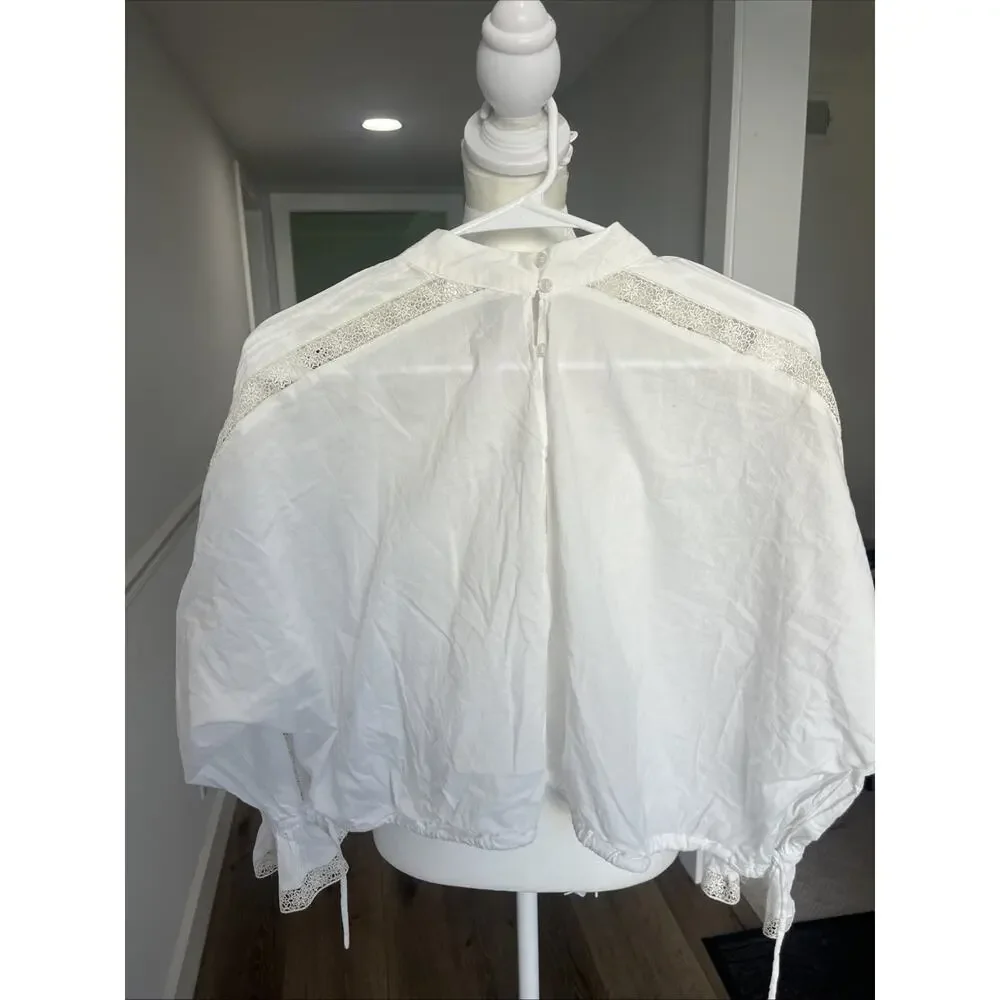 H&M Lace Inset Long Seller Cream Bliuse Boxy Crop 100% Cotton FLAW